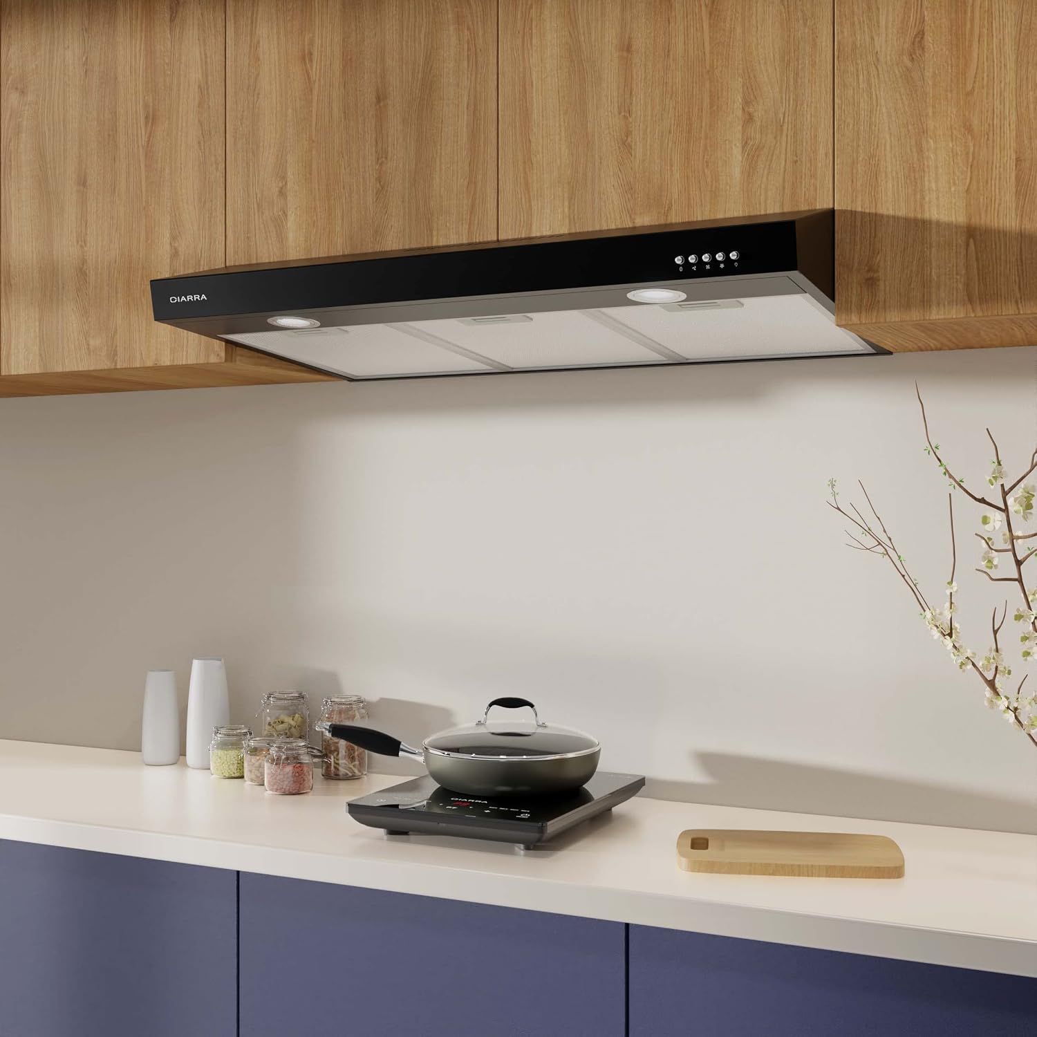 CIARRA Under Cabinet Range Hood 30 inch with Anti-fingerprint Design, Ductless Vent Hood for Kitchen with 3 Speed Exhaust Fan, Push Button Control, Ducted and Ductless Convertible, Black