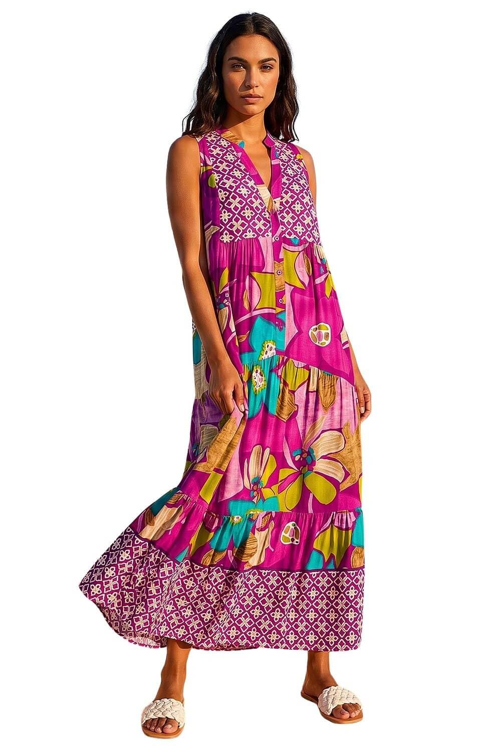 Roman Originals Women's Purple Roman Patchwork Shimmer Smock Tiered Midi Dress For Uk Spring Everyday Summer Holiday V-Neckline Comfy Sleeveless Soft Button Down Frock Beach Vacation - Size 16
