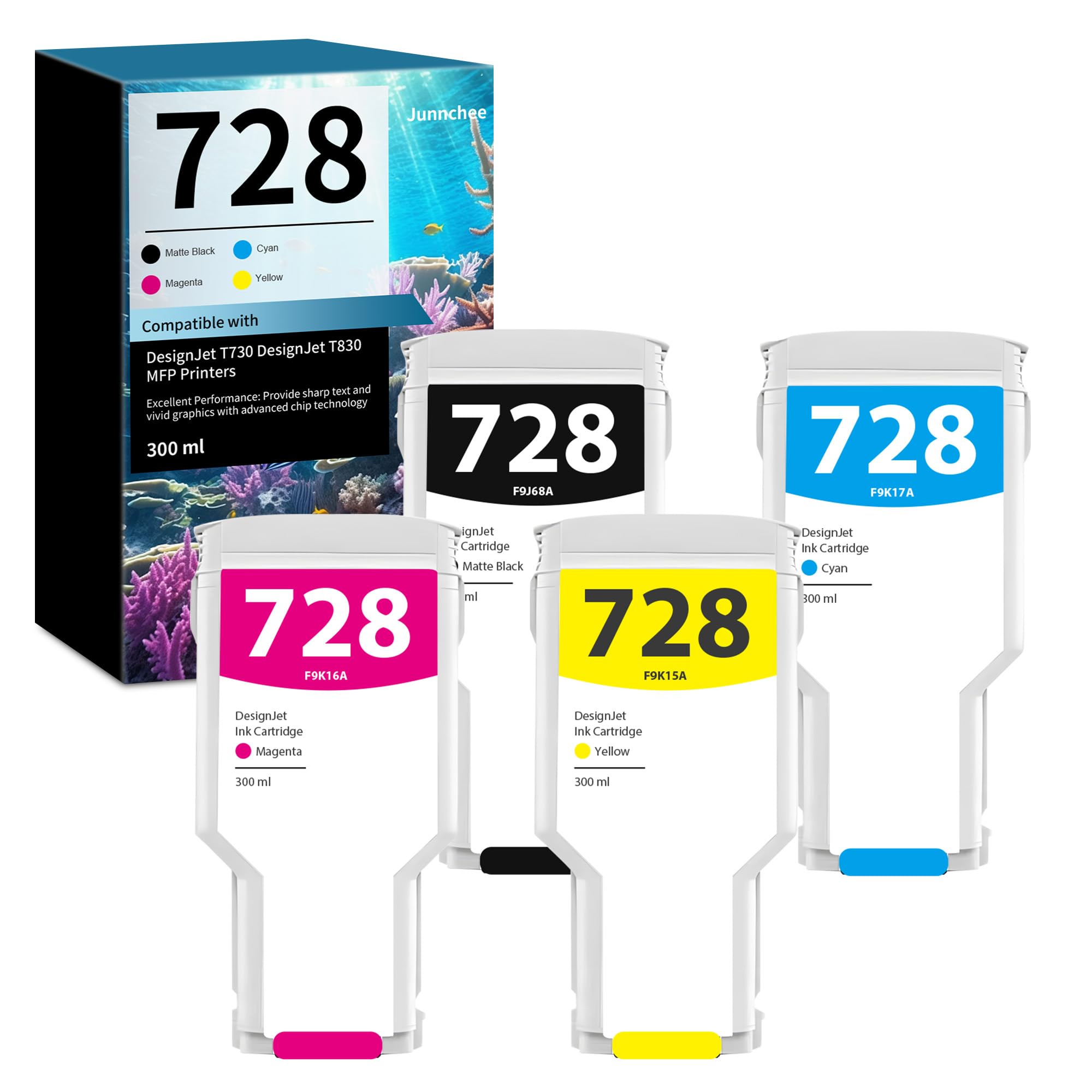 728 Black Cyan Magenta Yellow 300ml Ink Cartridges | F9J68A F9K17A