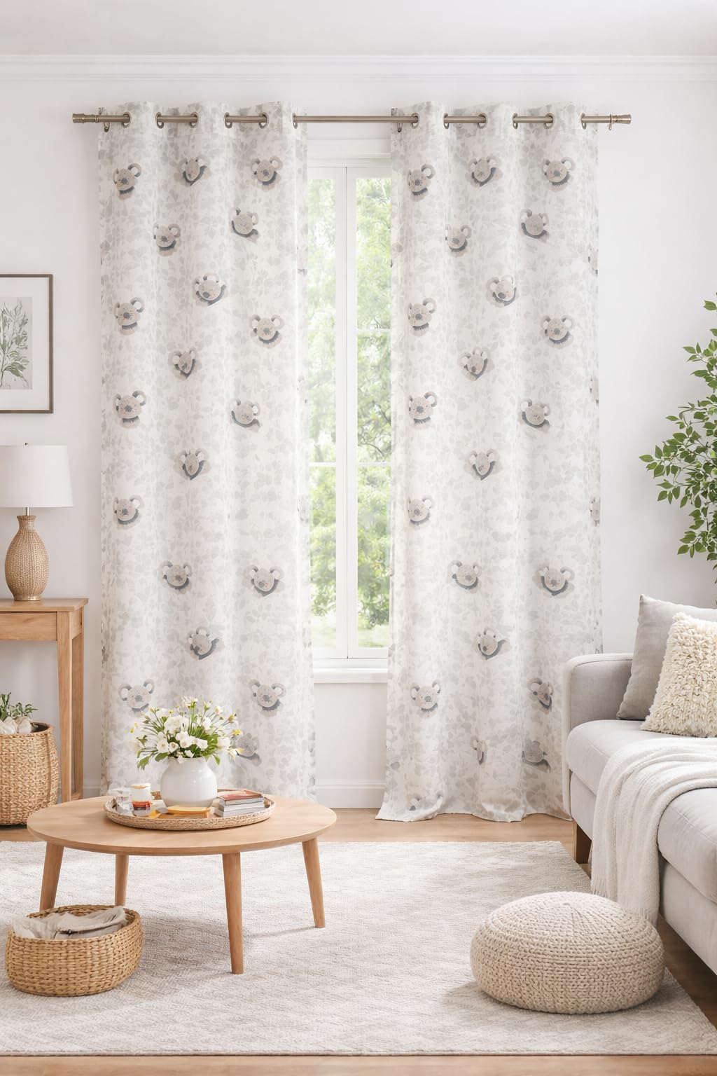 THE LINEN COMPANY Cotton Sheer Printed Curtain for Window Bedroom and Living Roonm Home décor Set of 2 (05 Feet,Mni Koala)