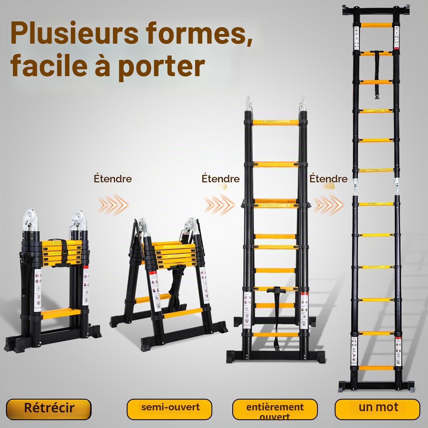 Eulenke Échelle télescopique en Aluminium, escabeau Multi-Usage 5m (2,5m + 2,5m) avec stabilisateur, echelle Pliante Charge maximale : 330lbs / 150 kg, Antidérapante escabeau telescopique, argenté