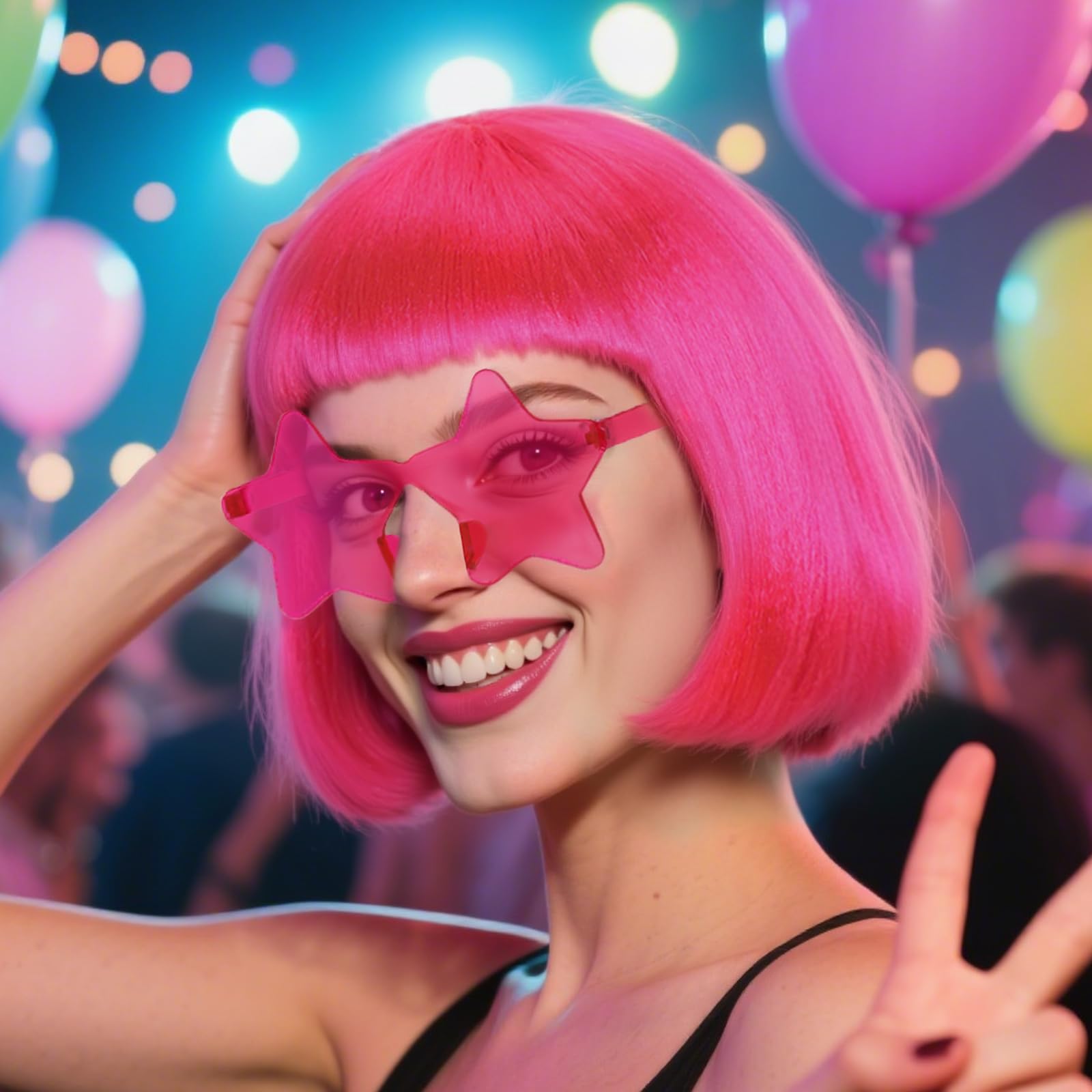 BEKIDER Hot Pink Bob Wig (1 Pair of Glasses+ 1 Hair Cap) Colored Wigs Party Outfit Colorful Bob Wig with Bangs Funny Wigs Mardi Gras Costume Hot Pink Synthetic Hair for Halloween - Image 2