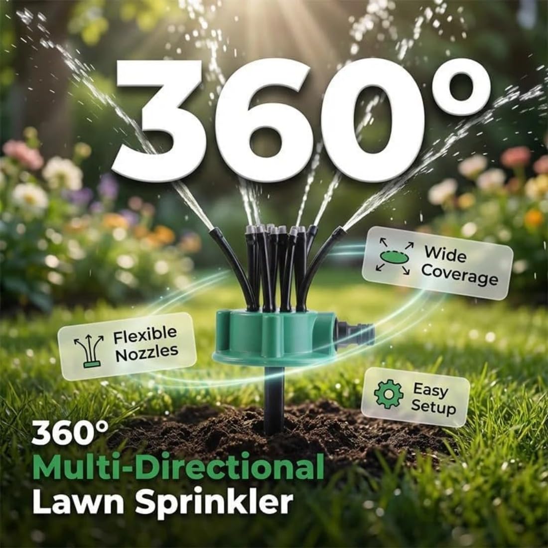 Irrigatore per Prato e Giardino con 12 Tubi Flessibili - Irrigatore Rotante a 360°, Sistema di Irrigazione di Precisione per Prati, Aiuole, Orto, Patio e Piccoli Giardini (5)