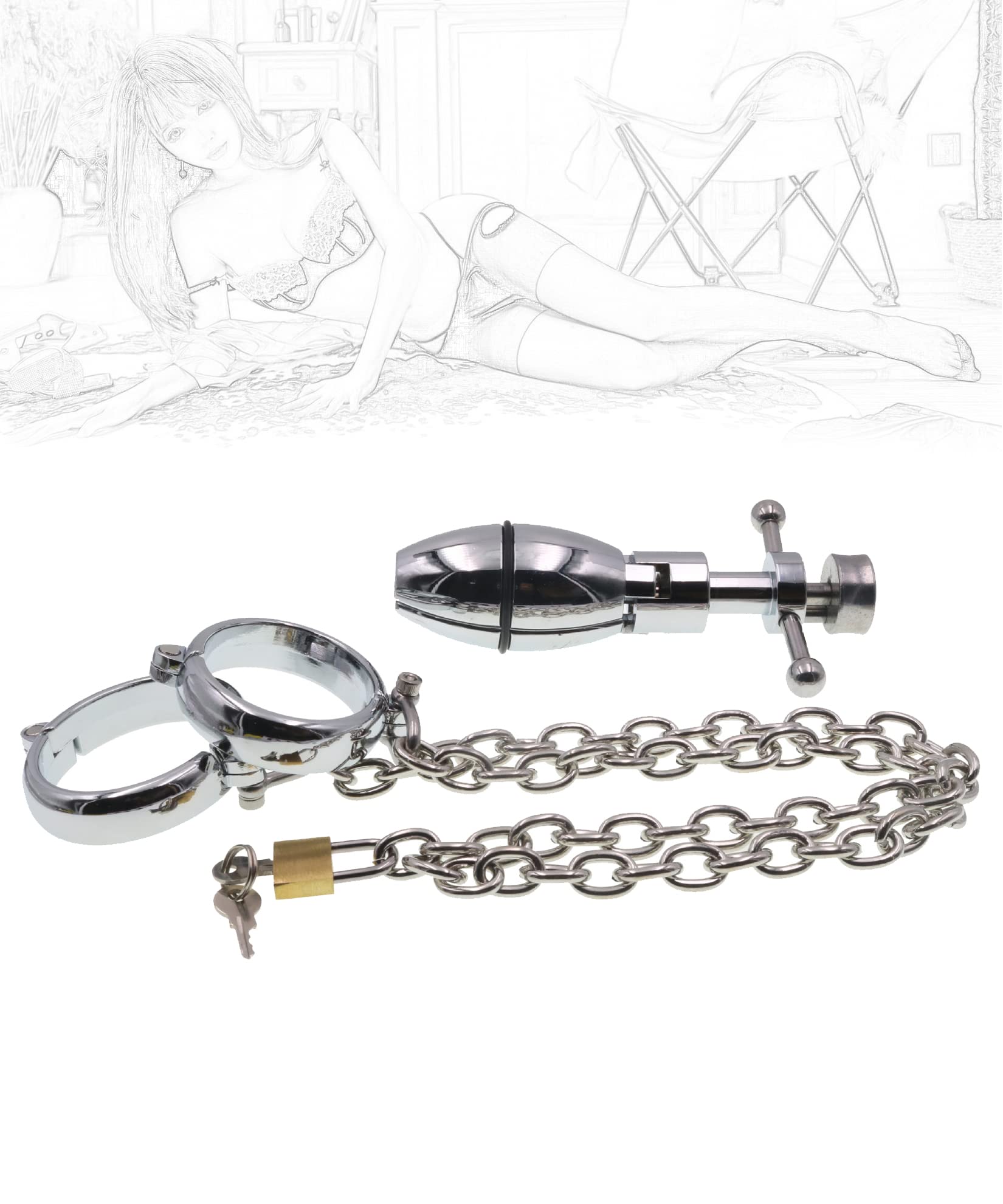 BDSM Bondage Manette in acciaio inossidabile Plug anale anale con serratura Set di ritenuta SM Manette con serratura Manette for flirt BDSM Giocattoli sessuali for coppie(L)