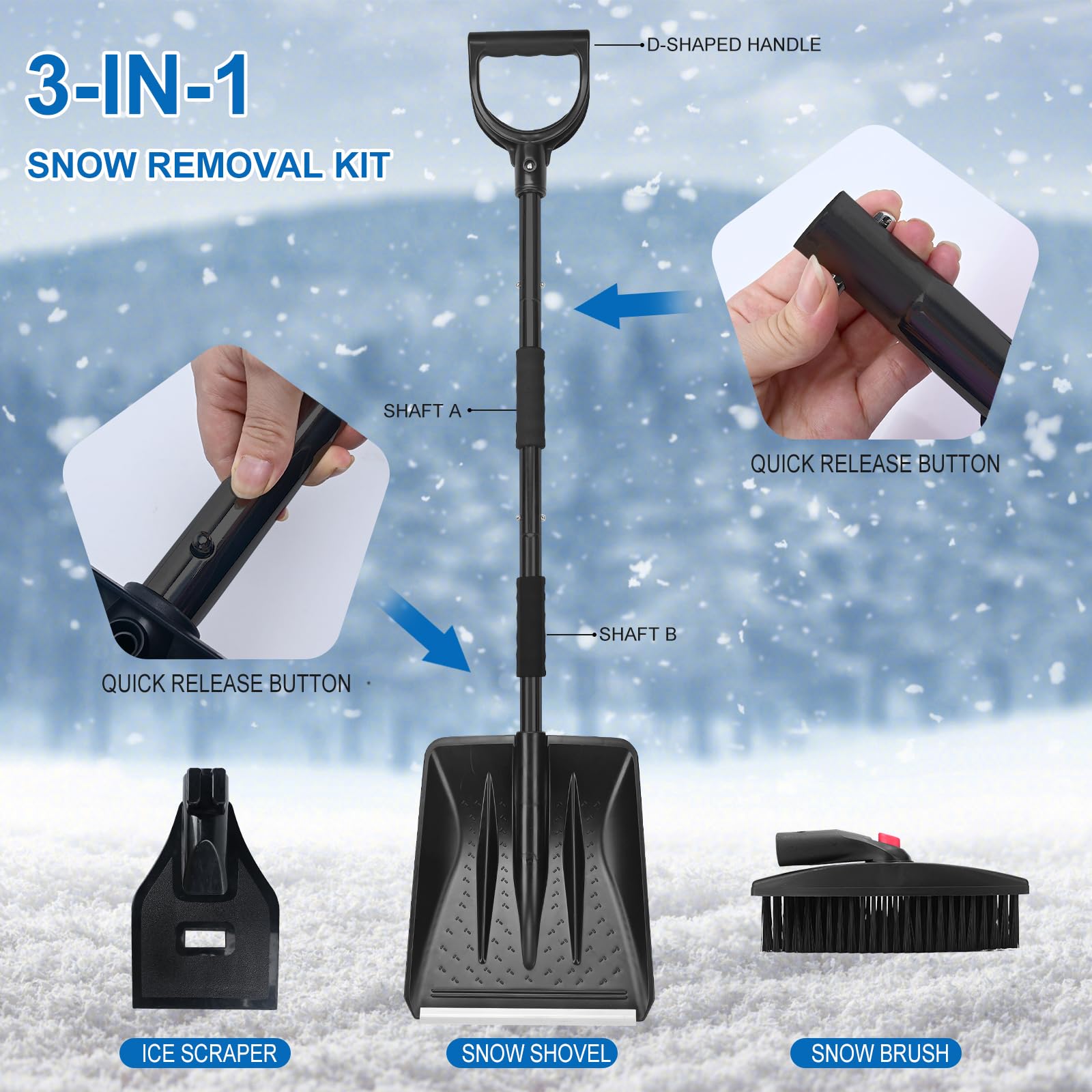 Set da neve 3-in-1, pala da neve retrattile con raschietto per ghiaccio e spazzola per neve per ghiaccio, neve, auto, vialetto, granulometria con sacca di stoccaggio e guanti (nero)