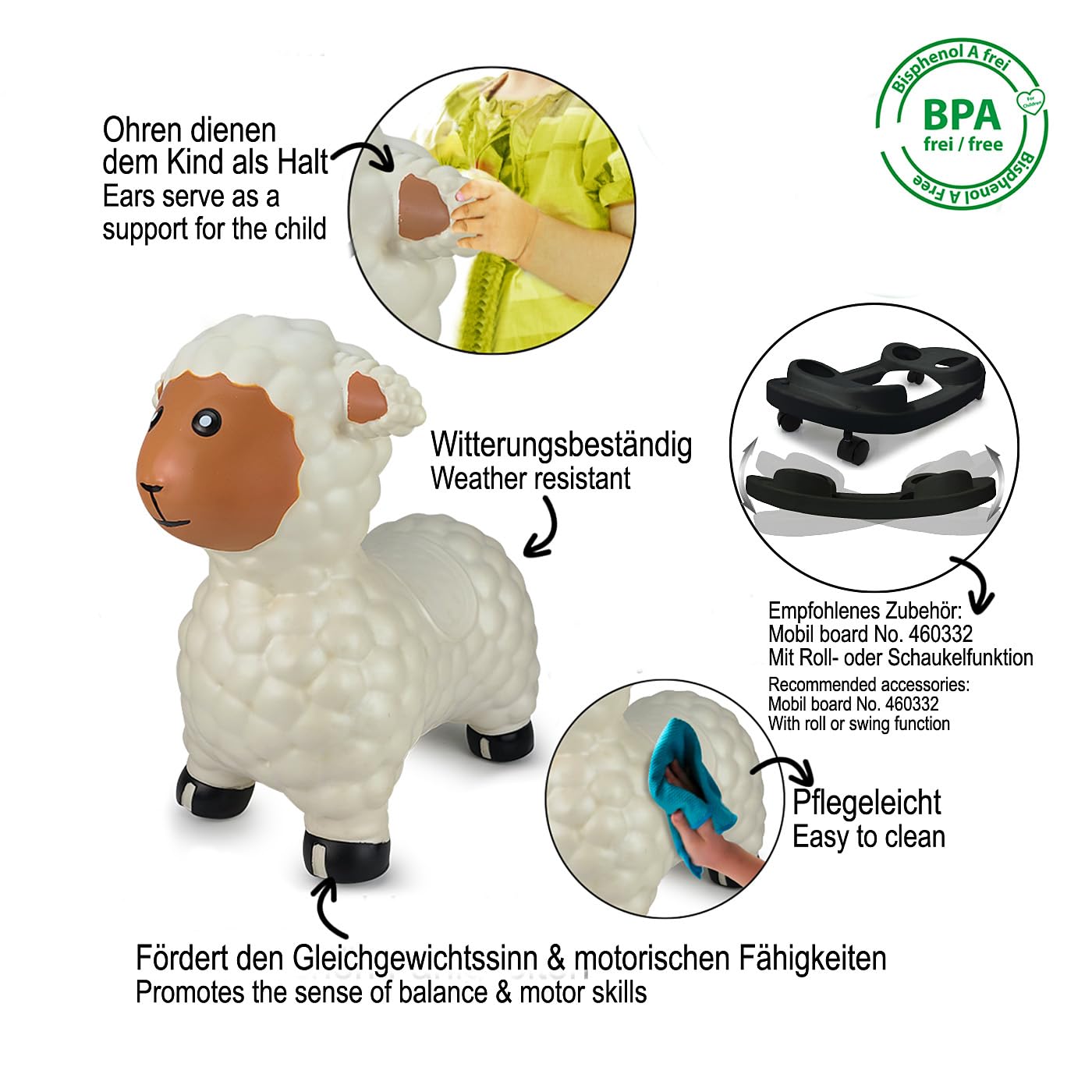 Jamara 460590 - Animal Saltarín Oveja Blanca con Bomba – Peso hasta a 50 kg, Orejas como Soporte, Resistente, Promueve el Sentido del Equilibrio, Simple de Limpiar