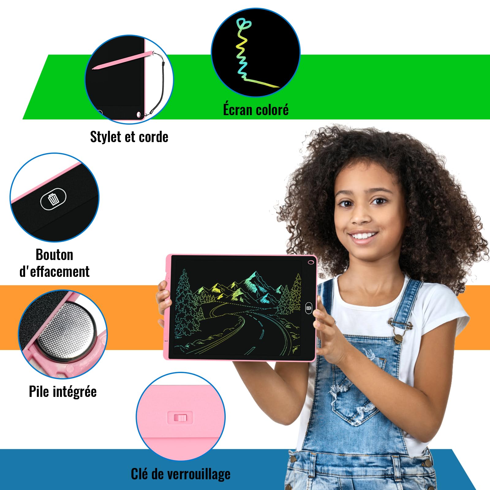 Electight Tablette Dessin Enfants 12 Pouces LCD Colorée avec Bouton Effacement Verrouillage Bleu Rose Violet