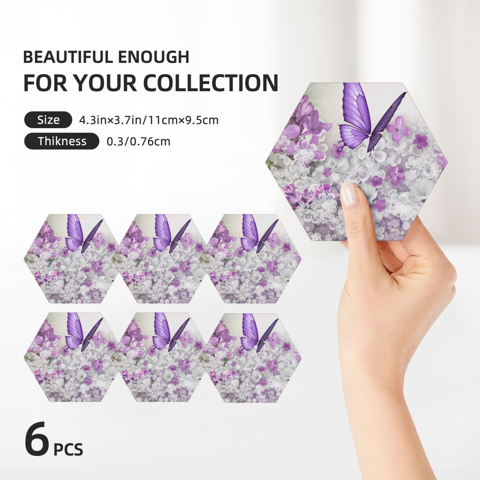 Set di 6 sottobicchieri decorativi in ceramica con stampa di farfalle e fiori