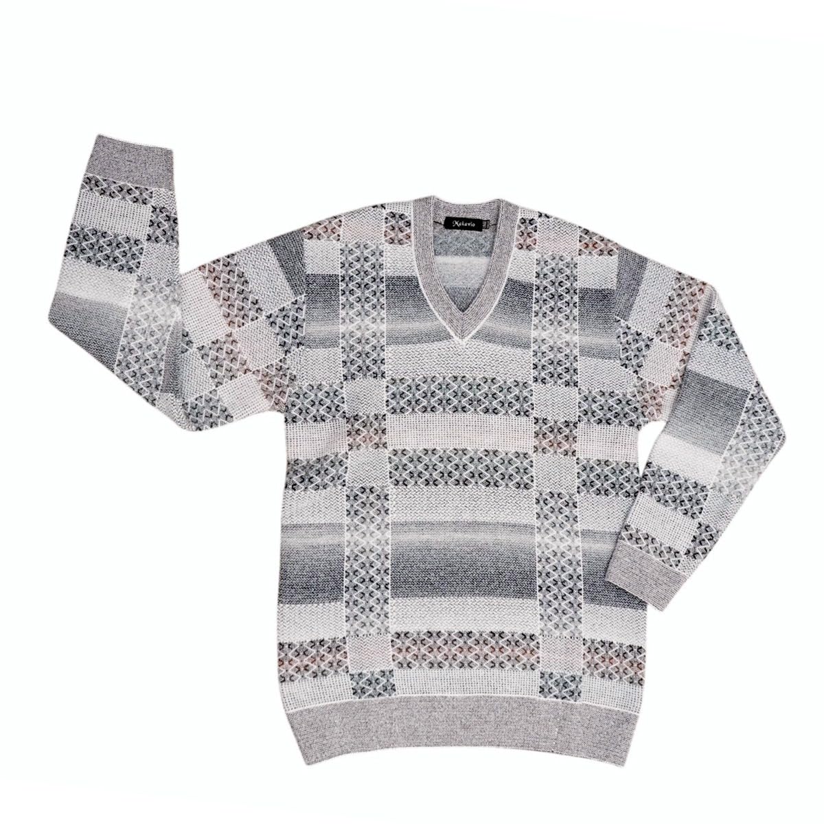 MAKAVIO Men's V-Neck Knit Sweater, Grey Geometric Patterned, Premium Yarn Blend, Winter Warmth-picture-18
