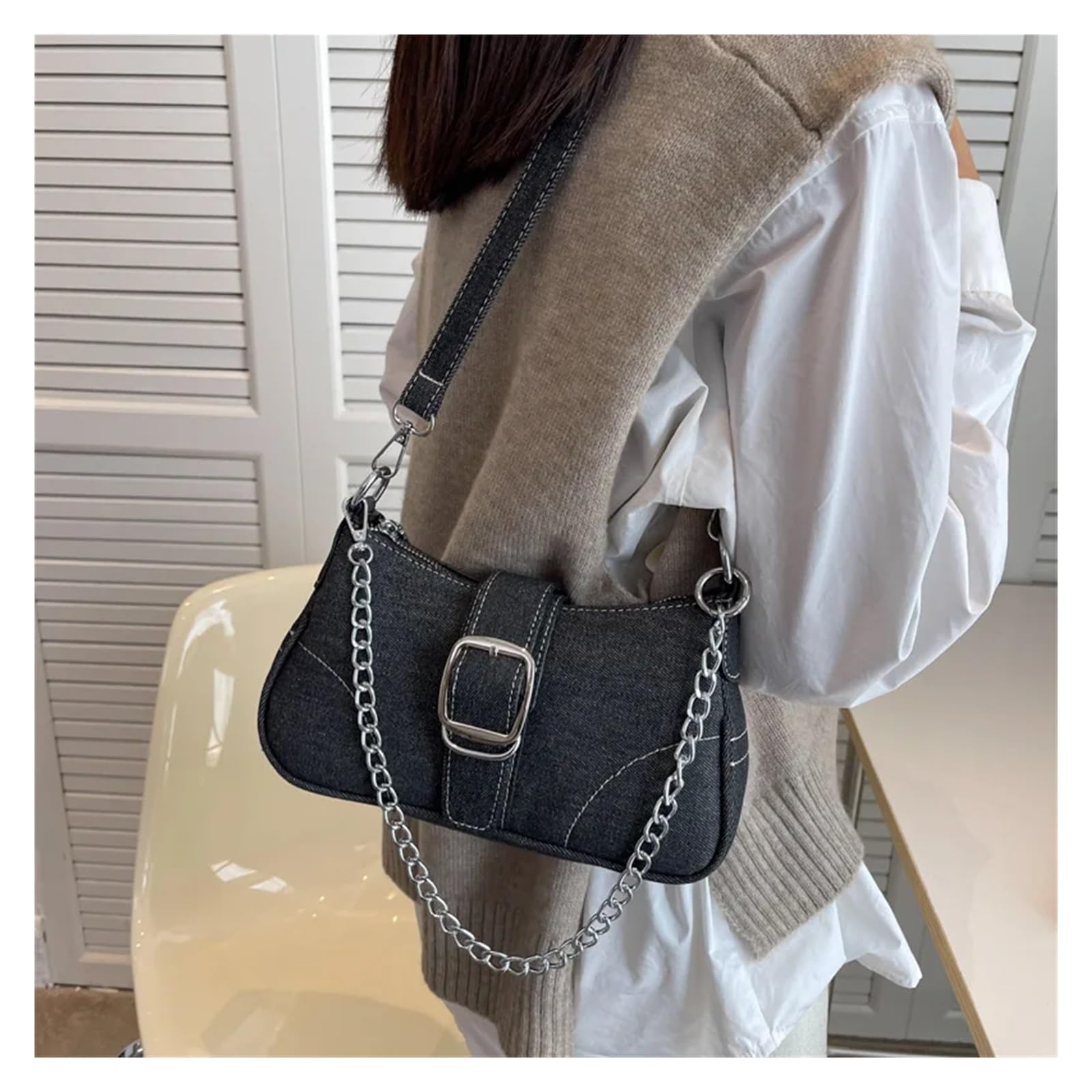 Borsa Jeans Donna Borsa a tracolla in denim, borsa a tracolla con catena, borsa da ascella, borsa a mano, borsa da donna retrò
