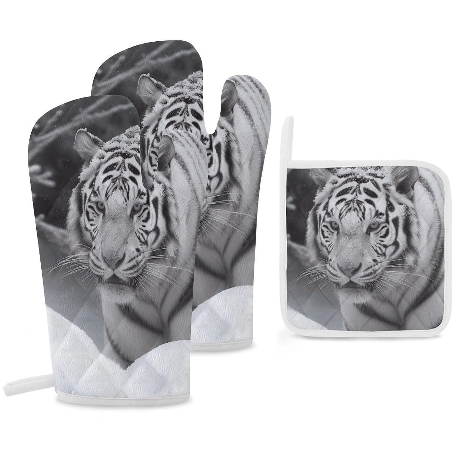 Gants de cuisine tigre blanc et maniques isolantes pour la cuisson