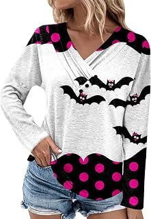 BORTGYUI Long Sleeved Top Women Stretchy Swim Plus Size Pullover Cool Halloween Polyester Printed V Neck Buttons Fit Tops Ladies