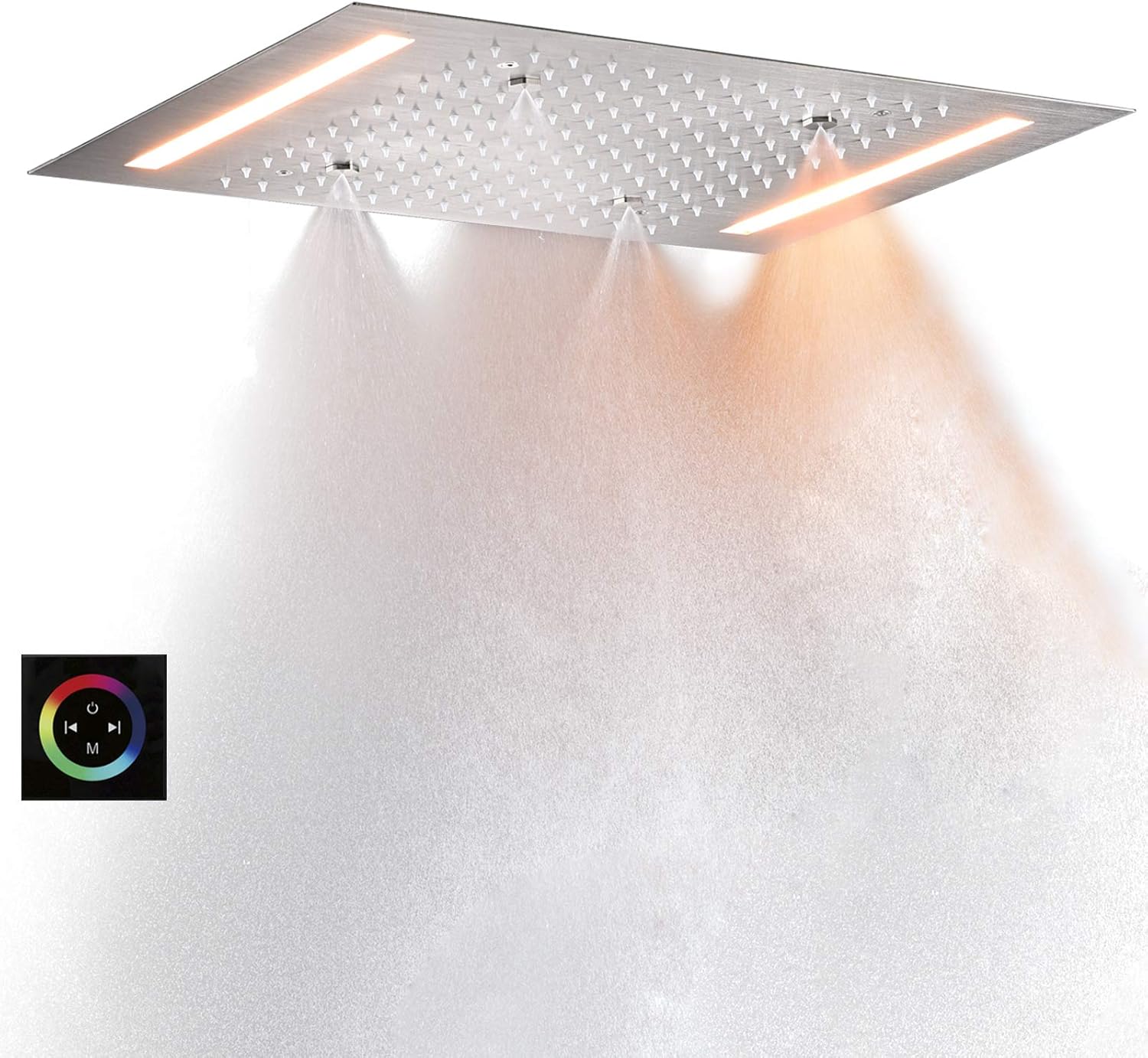 14 X 20 Inch Brushed Nickel Rain LED Shower Head Bath Two Functions Ceiled Mounted Stainless