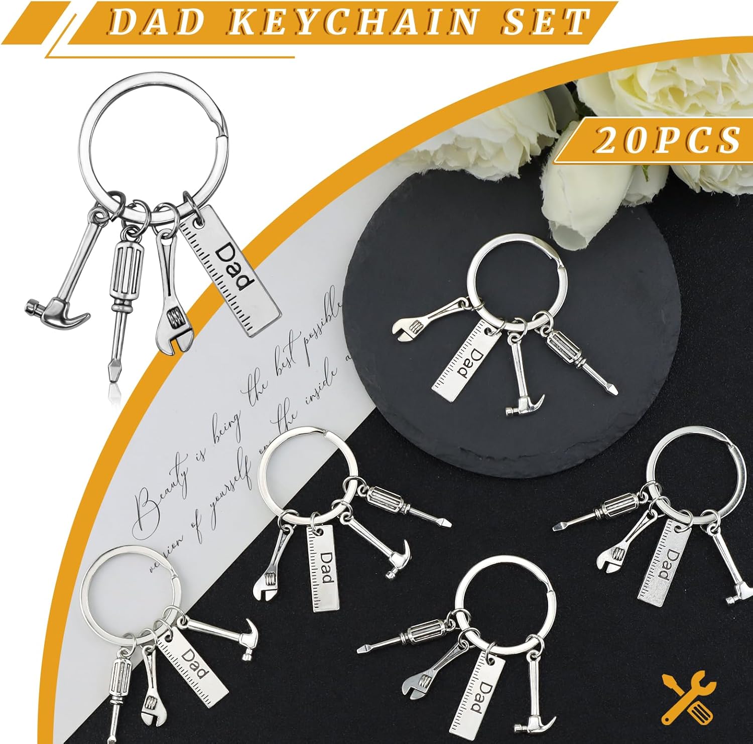 20PCS Tools Keychain, Dad's Keychain with Wrench Hammer Screwdriver Charm Gift for Dad & Handymen DIY Enthusiasts - Image 3