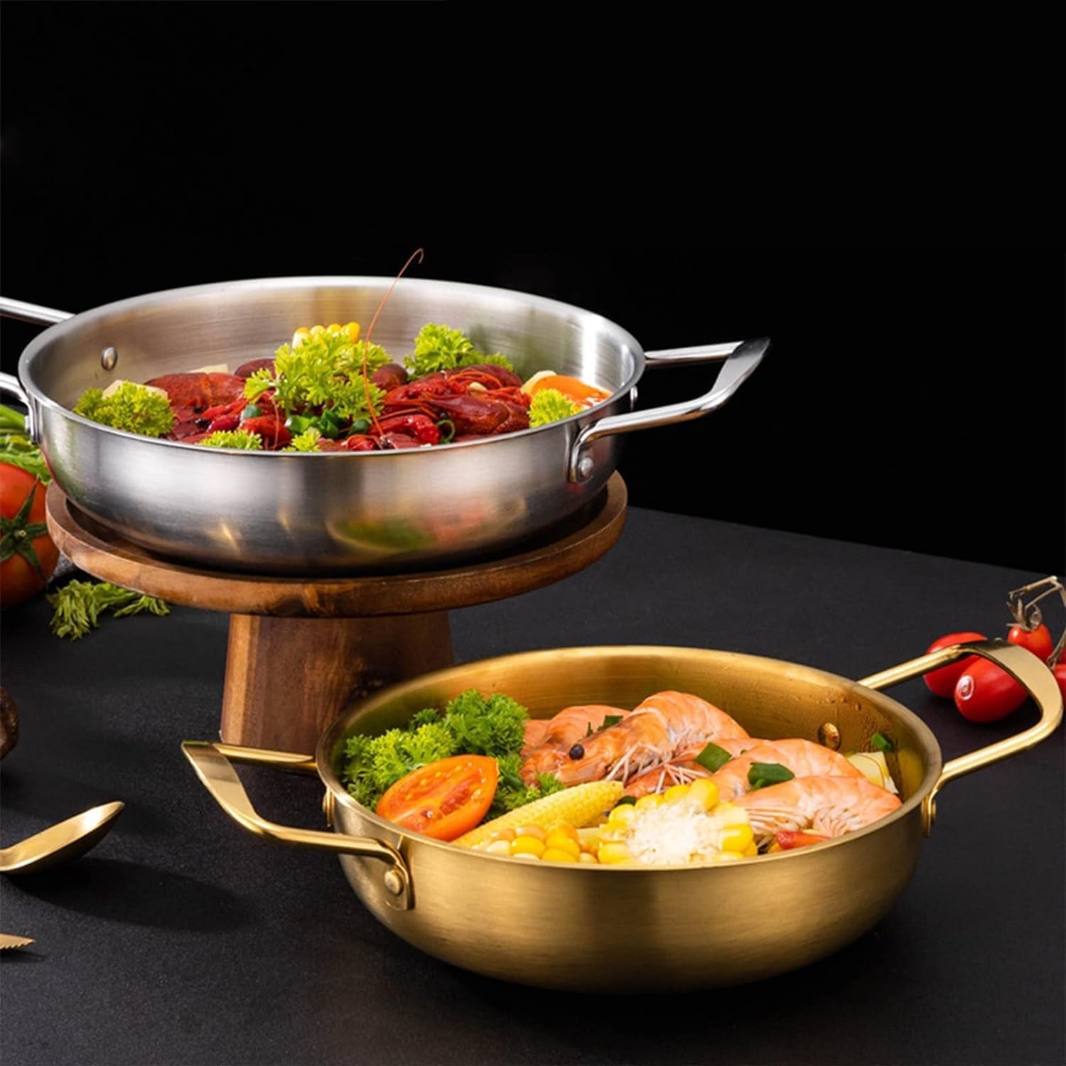 Spanish Paella Cooking Pan for Home Kitchen Restaurant, Stainless Steel Grill Pan Cooking Pot with Double Riveted Handles for Rice Or Stir Frys[Energy Class A] (Color : Silver, Size : 20cm)