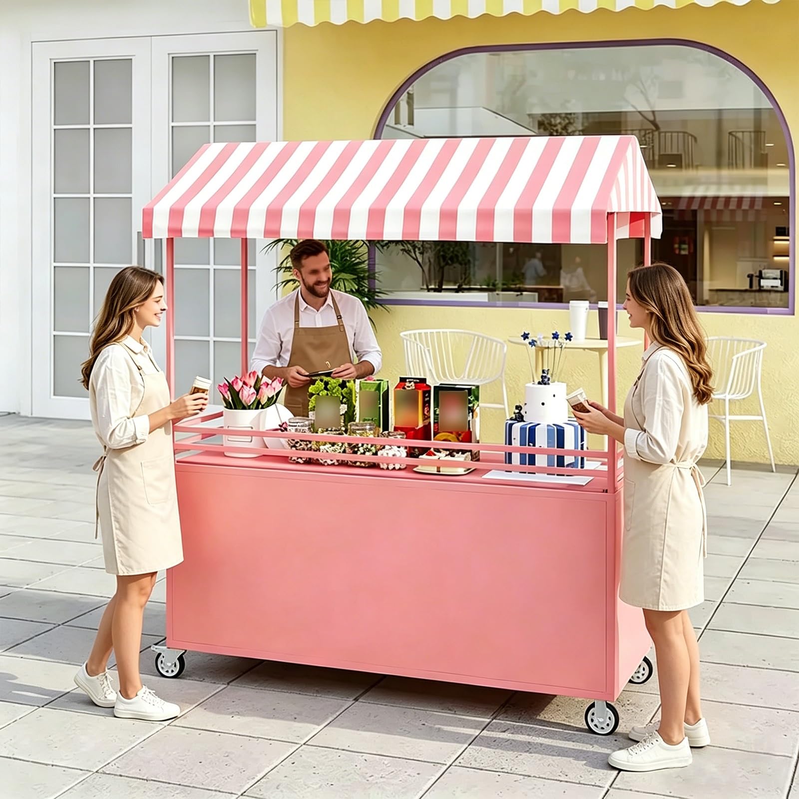 GMBAYUE Portable Vendor Cart with Canopy, Mobile Food Cart, Selling Food Booth Shelf, Vending Stand Kiosk Display Trolley, Vendor's Dessert Stall for Market Street Food & Events(Pink)