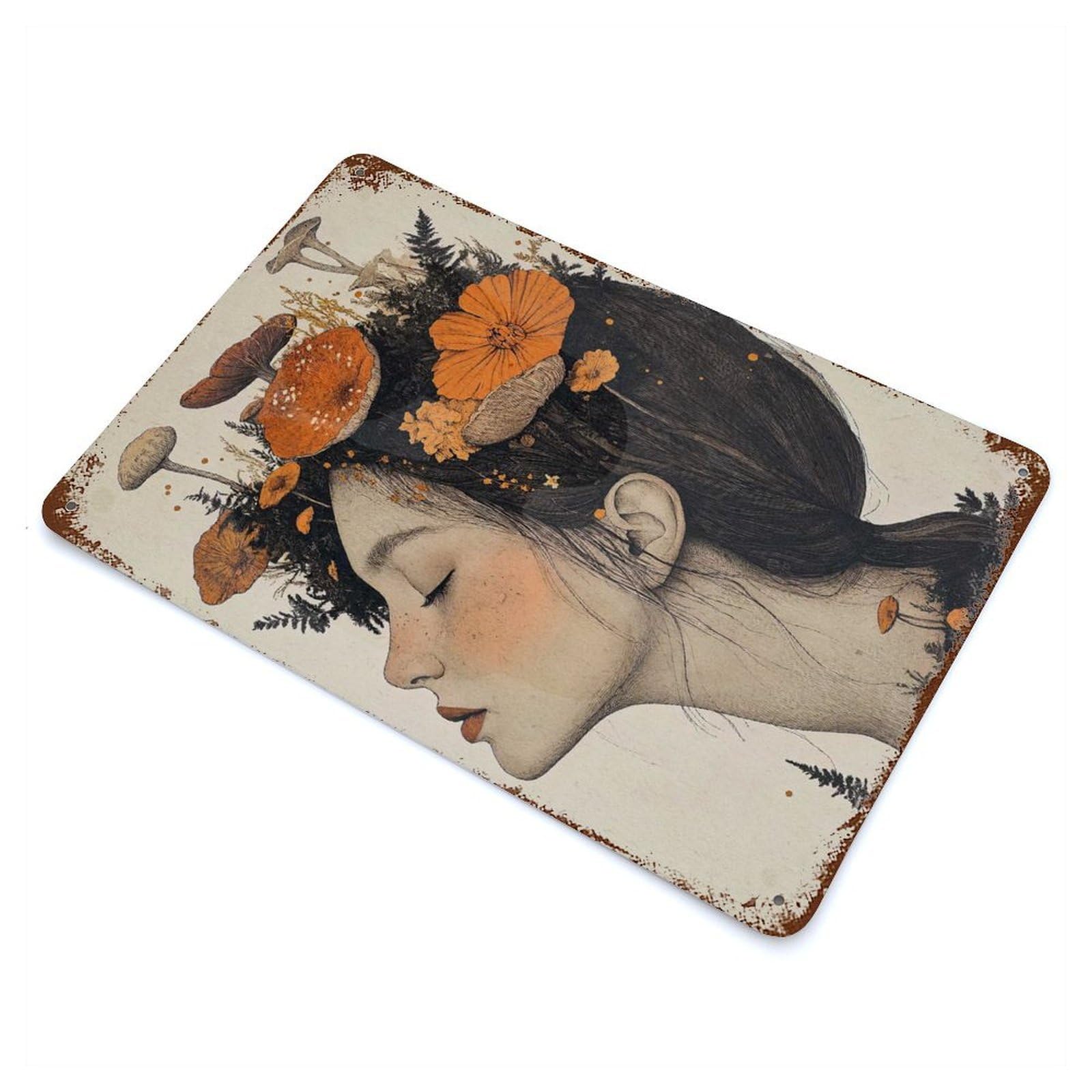 Garage Style Woman Mushroom Crown Vintage Rust Metal Sign 11.8"x7.9", Vintage Wall Decor for Bar And Workshop
