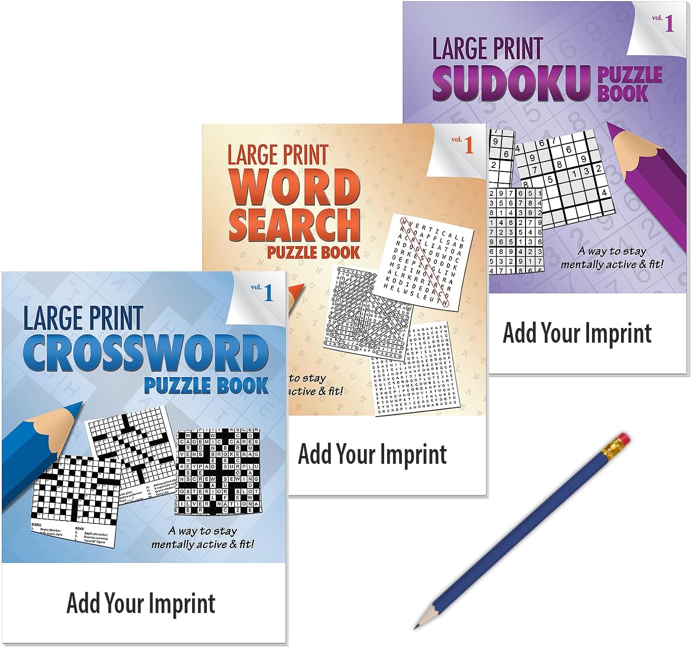 ZOCO - 250 Custom Large Print Puzzle Book Gift Packs - Each Pack has (1) Word Search, (1) Crossword, (1) Sudoku, (1) Pencil - VOL. 1 - Handout & Promotional Item for Hospitals, Senior Centers