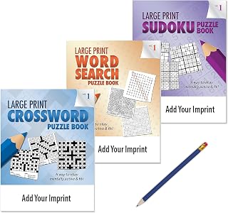 ZOCO - 250 Custom Large Print Puzzle Book Gift Packs - Each Pack has (1) Word Search, (1) Crossword, (1) Sudoku, (1) Pencil - VOL. 1 - Handout & Promotional Item for Hospitals, Senior Centers