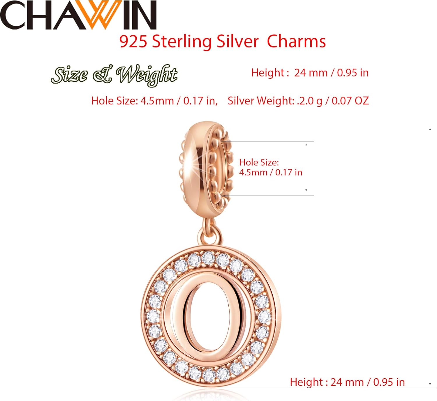 Initial A-Z Letter Charm Bead, Alphabet Charms Rose Gold, Authentic 925 Sterling Silver Charms fit Pandora Charm Bracelets, Necklace, Circle Dangle Charm for Women, Sparkling Clear Stone - Image 2