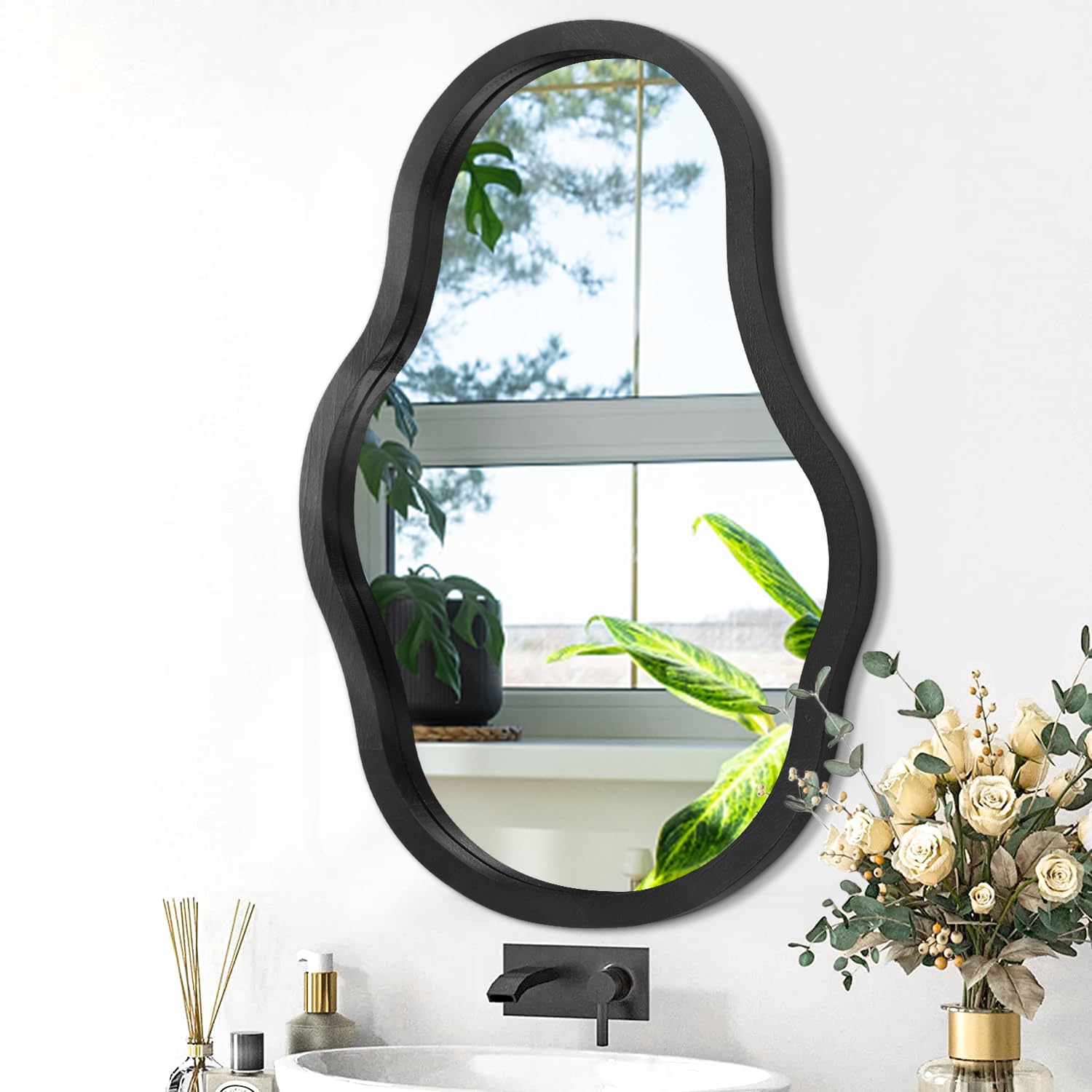 Asymmetrical Mirror for Wall Decor Large 24"x16" Modern Wooden Framed Wall Mirror Unique Wave Wall Mounted Vanity Artistic Irregular Mirror Decorative for Living Room Bedroom Bathroom Entryway Black