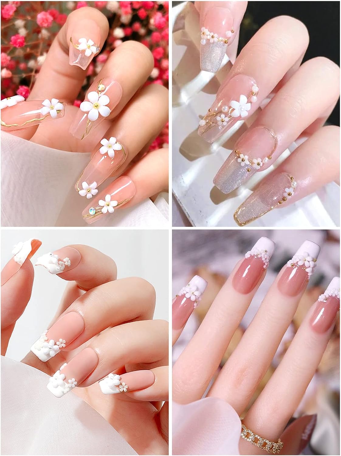 TOROKOM 3D Flower Nail Art Charms, White Acrylic Flower Rhinestones Metal Caviar Beads Nail Supplies Decorations for Women Girls Nail DIY