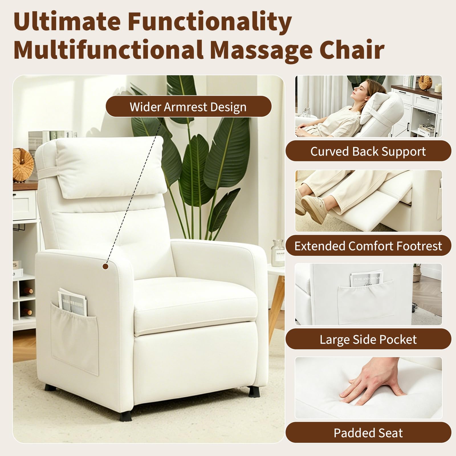 Sillón Reclinable Eléctrico, Sillon Masaje Relax con 6 Puntos, Sillon Relax Ajustables 90°-165°, con Calor Lumbar y Masaje Vibración, Motor Silencioso, Reposapiés, Bolsillos, Puerto USB, Bianco