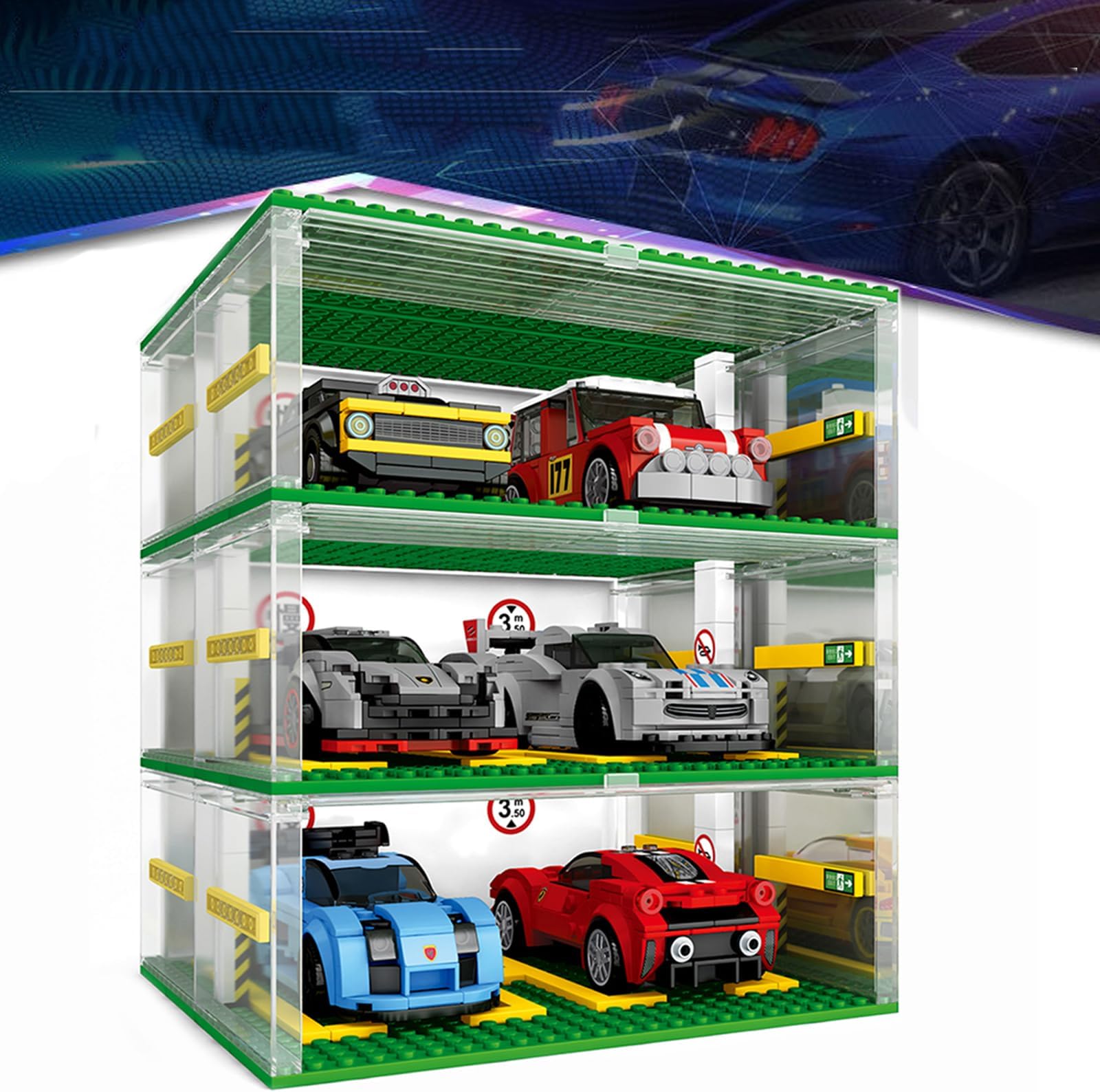 Building Blocks Garage DIY 3-Layer Showcase Car Parking Garage, Compatible Speed Champion Cars(Without Cars)