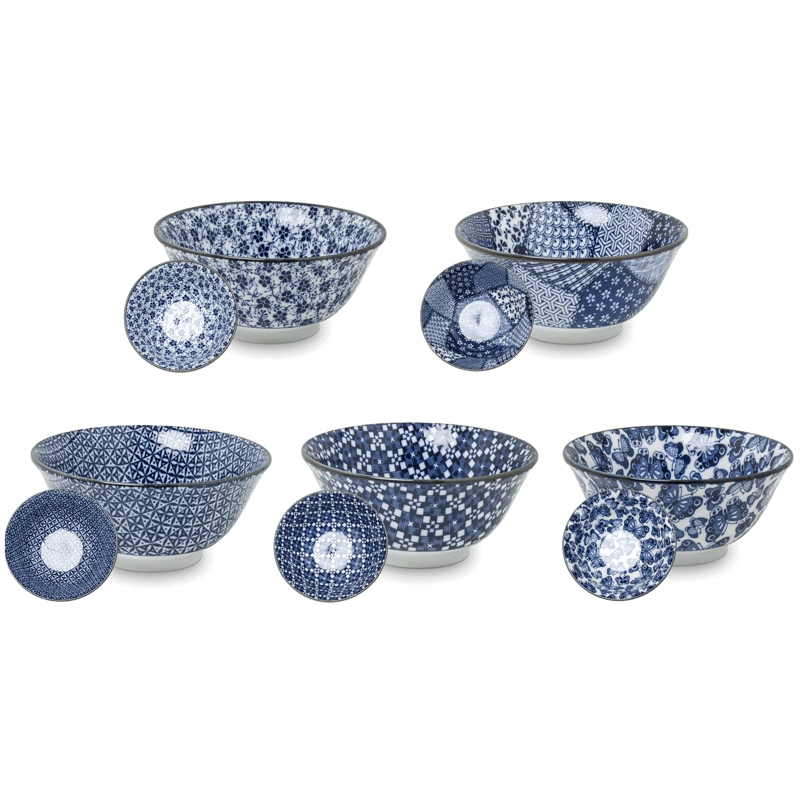 Matcha 087 - Set di 5 ciotole di riso in porcellana giapponese, colore: blu e bianco