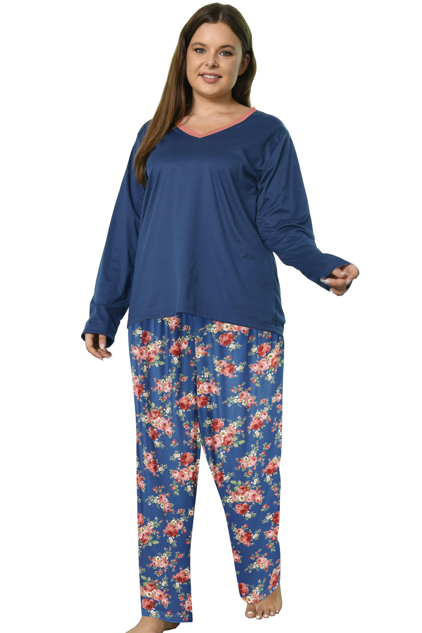 Vozanet Women Plus Size Pajama Sets Sexy V Neck Long Sleeve Long Pants Sleepwear Elegant Floral Pattern Jammies Size XL to 5X