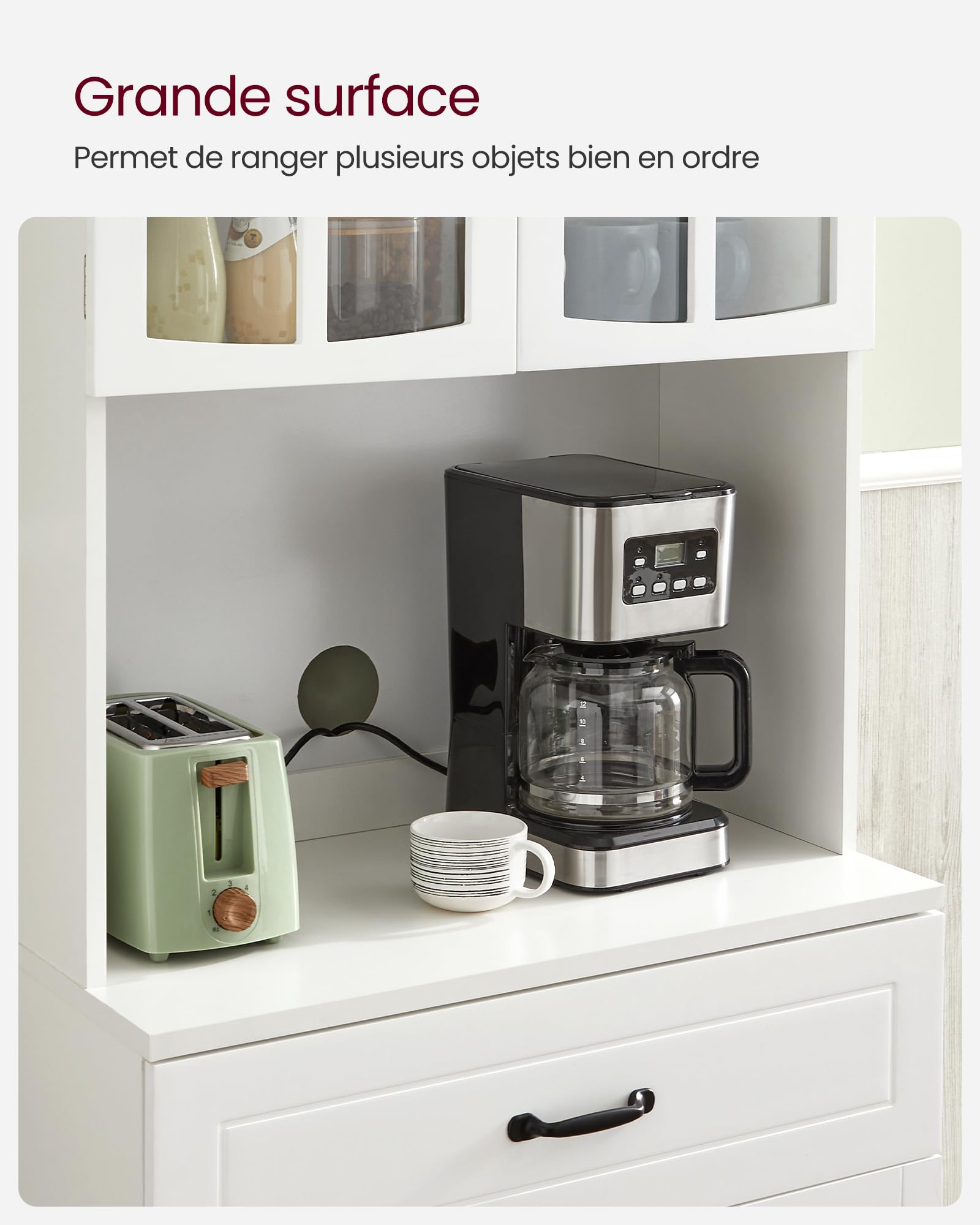 VASAGLE Buffet Haut Cuisine, Meuble de Rangement, Garde-Manger, Vaisselier, avec Portes en Verre et Étagères Réglables, Trou de Passage des Câbles, pour Micro-Ondes, Style Moderne, Blanc LSC361W21