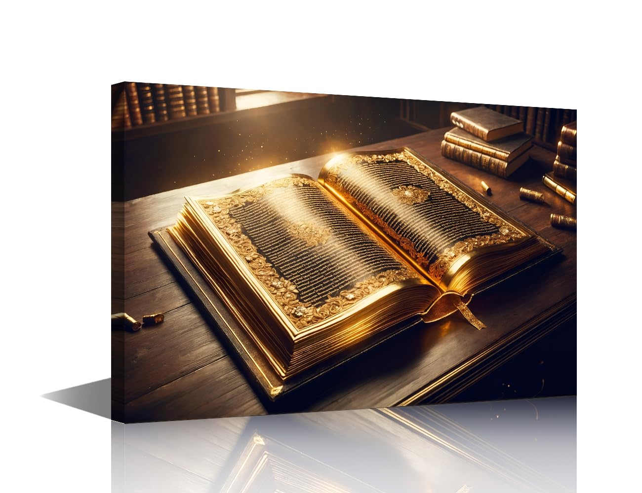 TISHIRON Book Painting Wall Art Canvas Print Picture for Living Room An Open Book with Pages Made of Pure Gold Home Bedroom Decoration Modern Framed Artwork Decor 12x18inch
