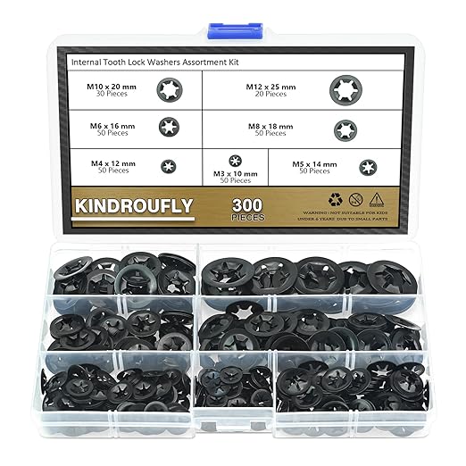 300 Pieces Internal Tooth Star Lock Washers, Kindroufly 7 Sizes Quick Speed Locking Washers, Push on Retaining Clips Assortment Kit (M3, M4, M5, M6, M8, M10, M12)