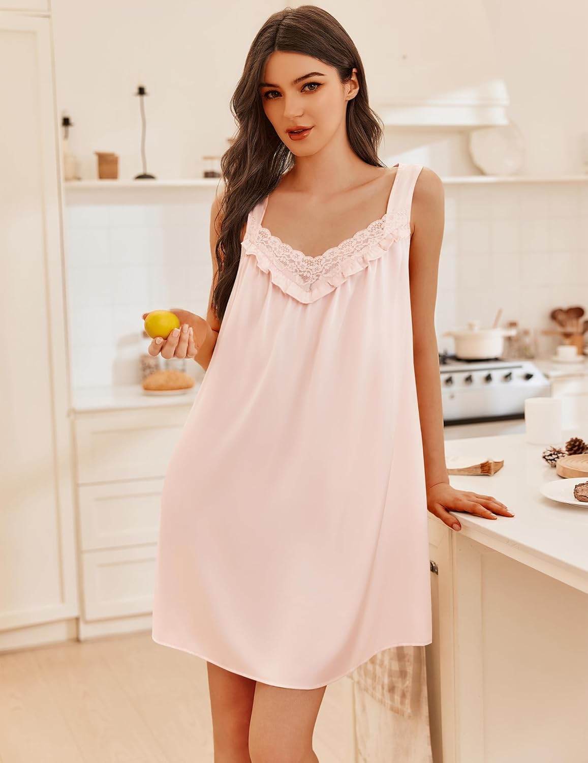 Ekouaer Women's Satin Silk Nightgown V Neck Sexy Nightdress Tank Sleeveless Sleepshirt Lace Sleep Dress Nightwear S-XXXL - Image 6