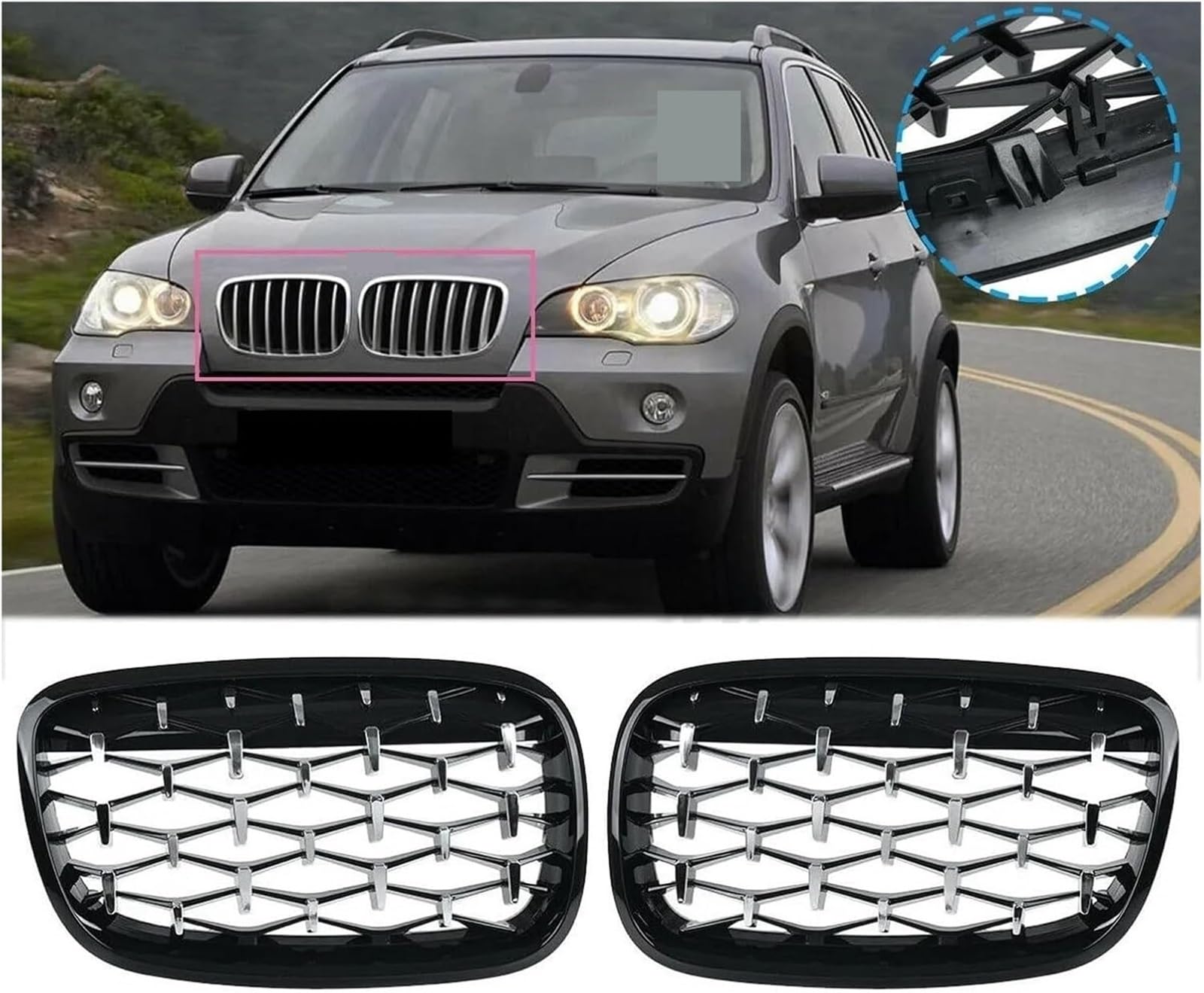 Parrilla delantera del coche Parrilla de doble puente para BMW E70, E71, E72, X5 y X6 (2007-2013)