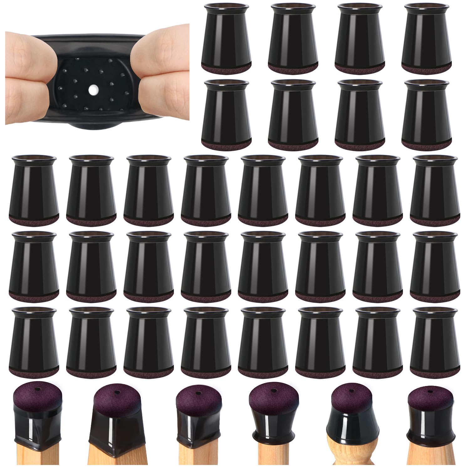 32 Pcs Chair Leg Floor Protectors with Felt Pads, Silicone Furniture Leg Caps for Hardwood Wood Tile Laminate Floors, Chair Leg Covers, Anti Scratch, Noise Reducing Black(Fit:13-22.9mm) — image 1
