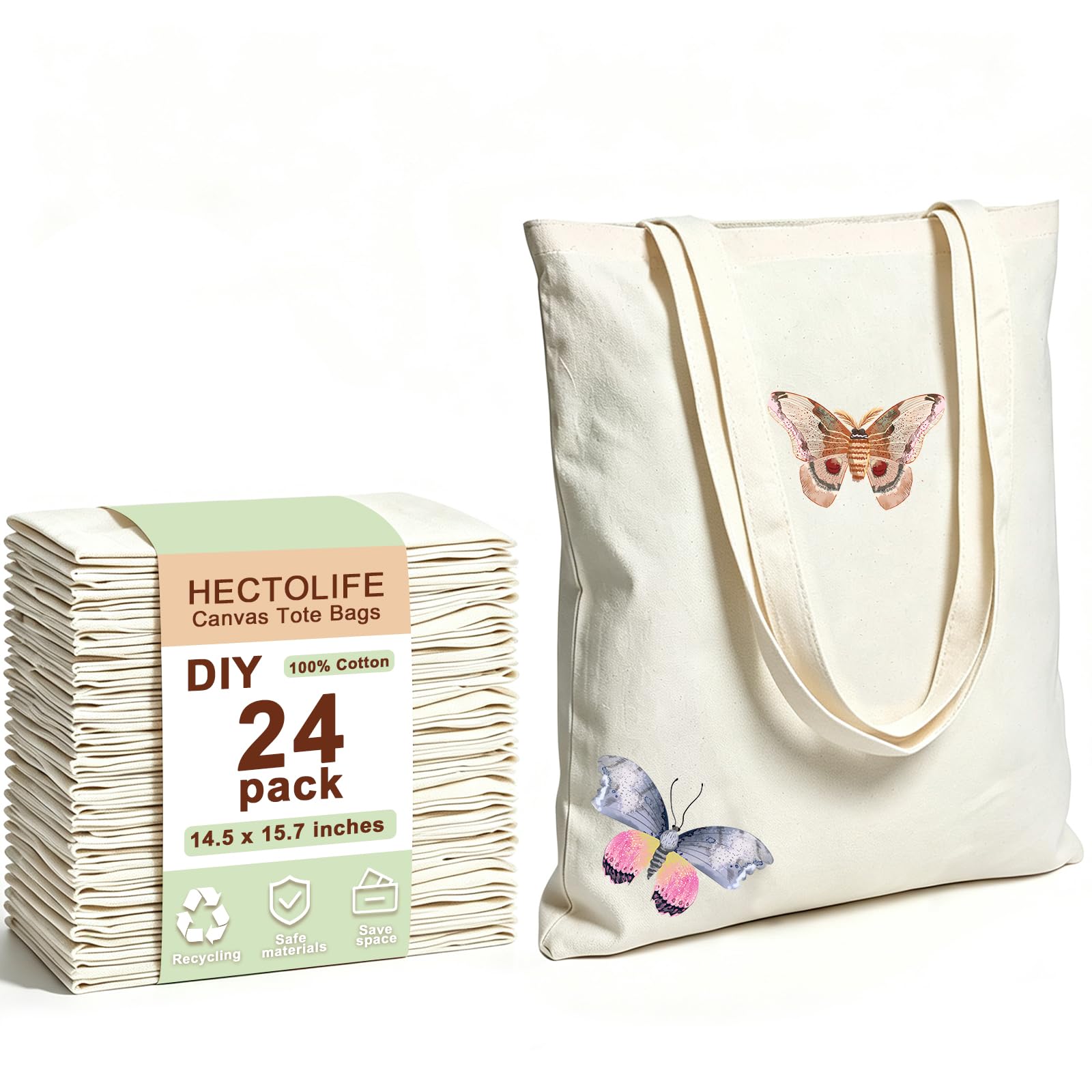 HECTOLIFE 6/12/24/48/ 96 Pack Canvas Tote Bags,Reusable Blank Canvas for Shopping Bags Beige Medium 24
