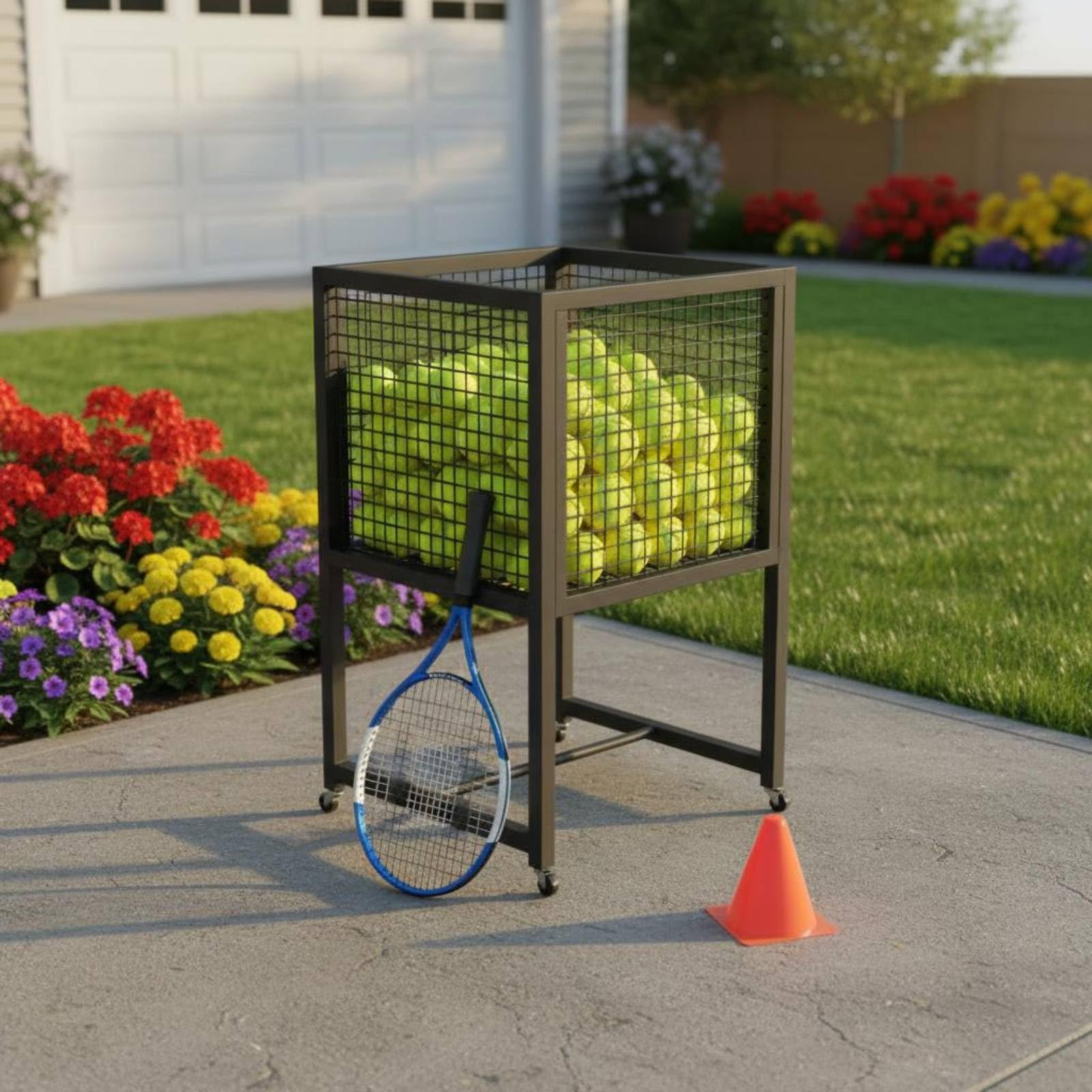 Carrello da Tennis Portatile Porta Palline Tennis con Ruote Cestino Rete Struttura Aperta Compatto 50cm×45cm Adatto per Allenamento in Sportivi Scuole