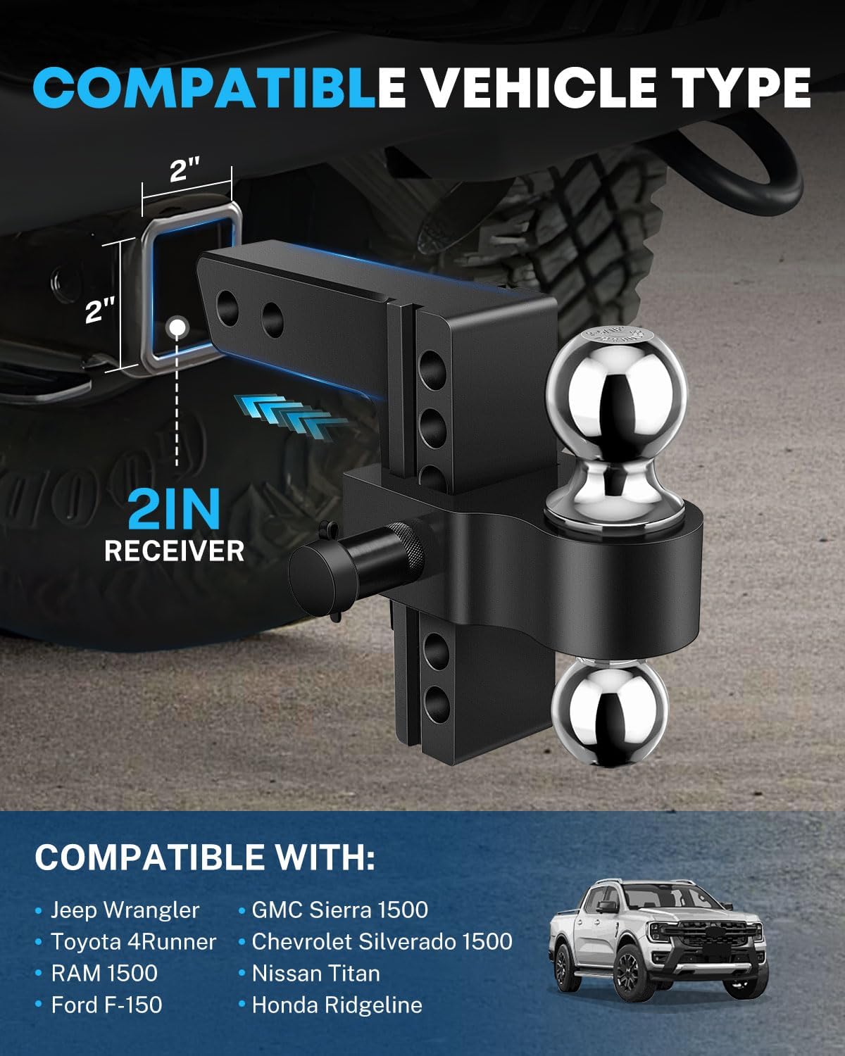 Image showing the hitch pin locks securing the adjustable ball mount to the shank and the shank to the receiver.