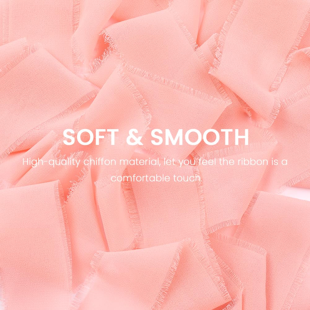 Vitalizart Nastro di Chiffon Setoso Rosa, Fatto a Mano con Frange, Totale 3,8 cm x 19,2 m, Nastro in Tessuto per Inviti a Nozze, Bouquet da Sposa