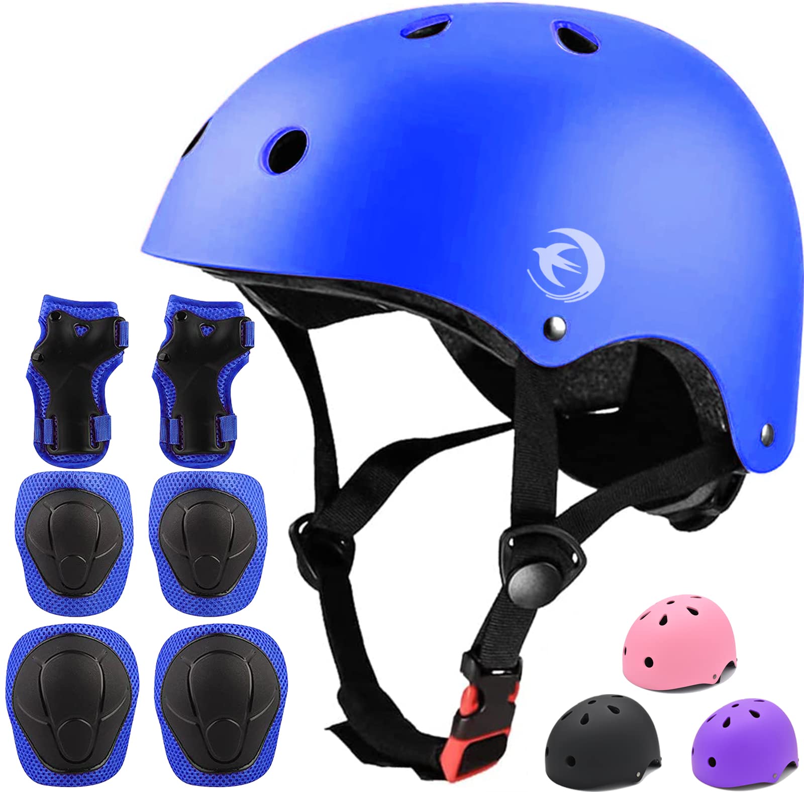 (color purple) Kids Bike Helmet Set with Knee Pads Elbow Pads Wrist Guards,Adjustable Helmet for Toddler Kids&Youth,3~14yrs Girl Boy Kids Protective Gear Set Bicycle Helmet Roller Skate