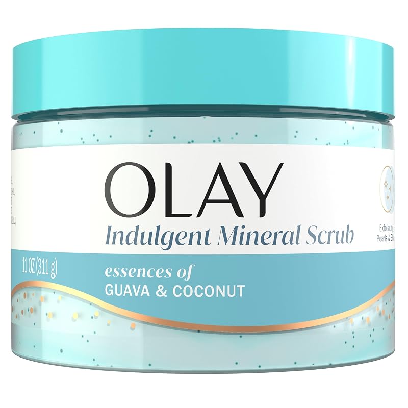 Esfoliante corporal Olay Body Indulgent Mineral Scrub com pérolas esfoliantes, vitamina B3 e BHA, fragrância de coco e goiaba, 325 g