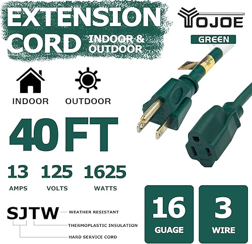 Miniatura 2 de Cable de extensión verde de 40 pies para exteriores, 163, SJTW, impermeable, con enchufe de conexión a tierra de 3 puntas, cable de extensión de