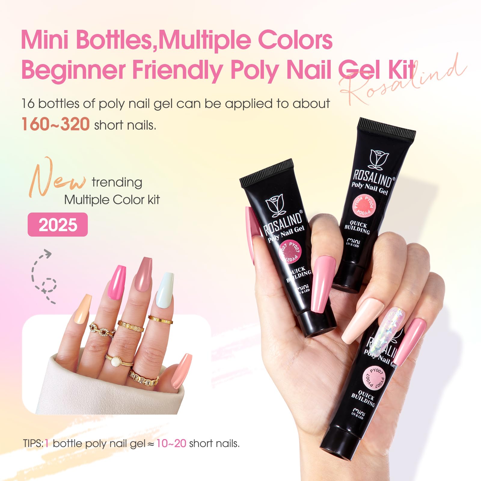 ROSALIND Acrygel Kit Complet, Gel pour Extension d’Ongle 16 Couleurs 10 ml Avec Lampe UV, Base & Top Coat et Outils de Manucure, Gel Construction Ongle UV Set de démarrage pour DIY Nail Art