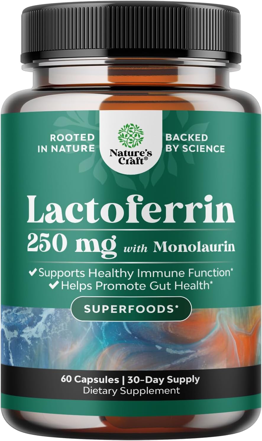 High Strength 250mg Lactoferrin & 1000mg Monolaurin Supplement - Microbiome Digestive Health Immune Support Supplement - Lactoferrin and Monolaurin Capsules - Vegetarian - 60 Count (Pack of 1)