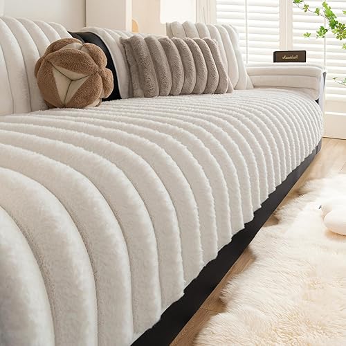 Miniatura 1 de Funda de sofá de piel sintética de conejo, lavable, funda para sofá seccional lanudo y mullido, a rayas, antideslizante, de felpa suave, protector