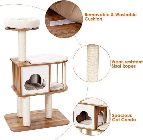Miniatura 5 de Tangkula Árbol moderno de madera para gatos torre para gatos de 46 pulgadas con plataforma centro de actividades para gatos con postes rascadores y