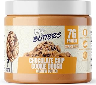 Fit Butters Chocolate Chip Cookie Dough Cashew Butter Spread - Added Protein and Coconut Oil, Low Carb, Low Sugar, Complete Protein Dessert Flavored Nut Butter