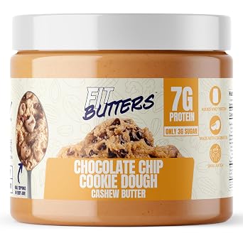 Fit Butters Chocolate Chip Cookie Dough Cashew Butter Spread - Added Protein and Coconut Oil, Low Carb, Low Sugar, Complete Protein Dessert Flavored Nut Butter
