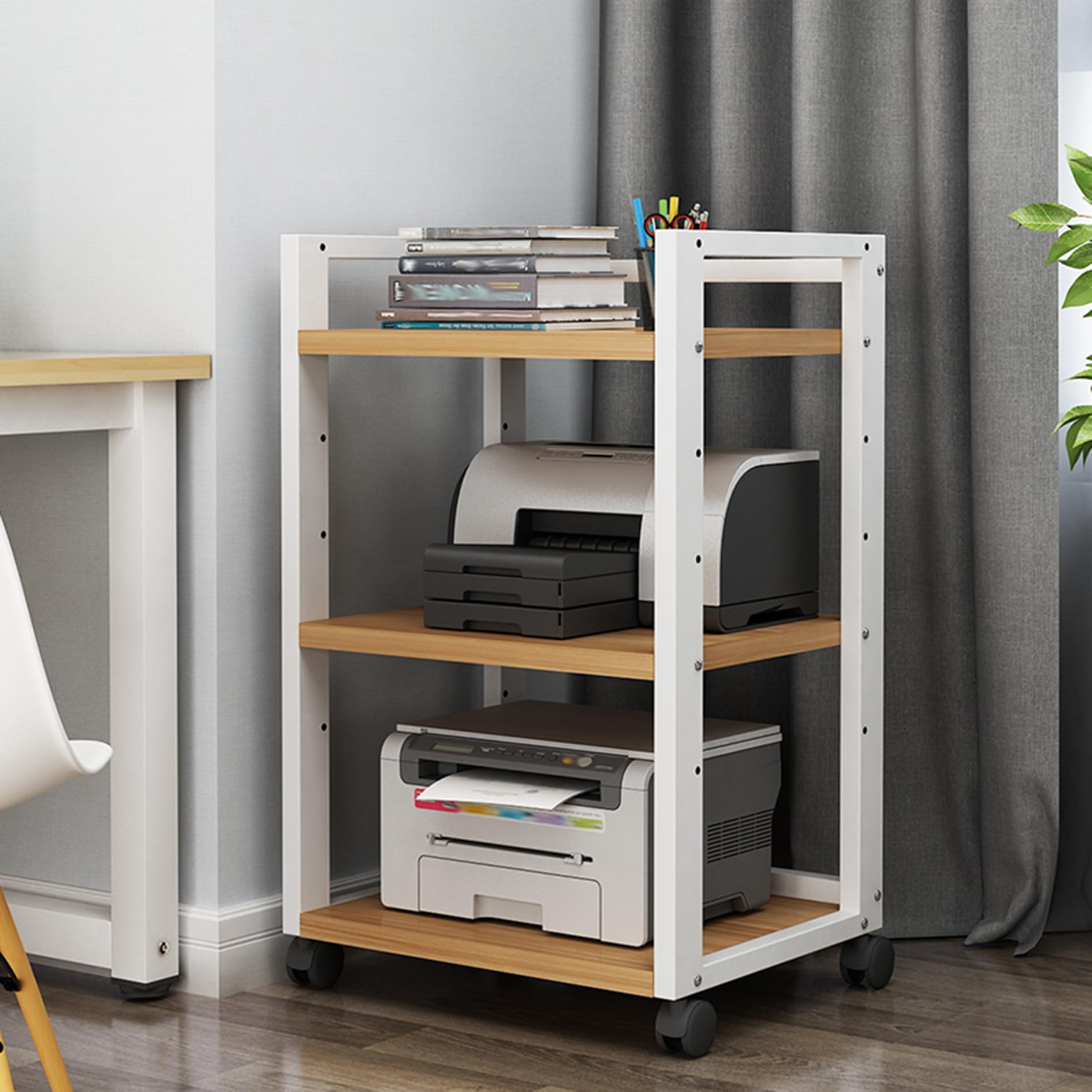 CWCQGH 3 Tier Wooden Stand with Wheels Corner Stereo Cabinet Revolving Amplifier Console Game & DVD Rack for Living Room Stylish Black Media Storage Tower,White+light Board-50x40x79cm